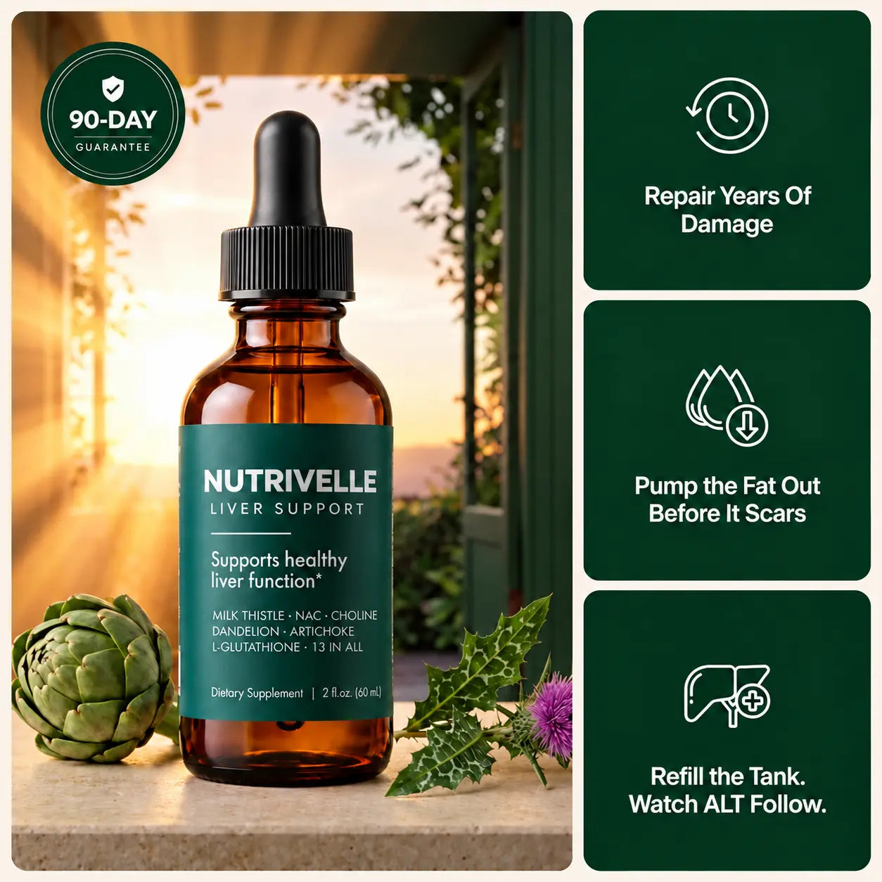 Nutrivelle Liver Support bottle with 90-day guarantee and three benefit panels
